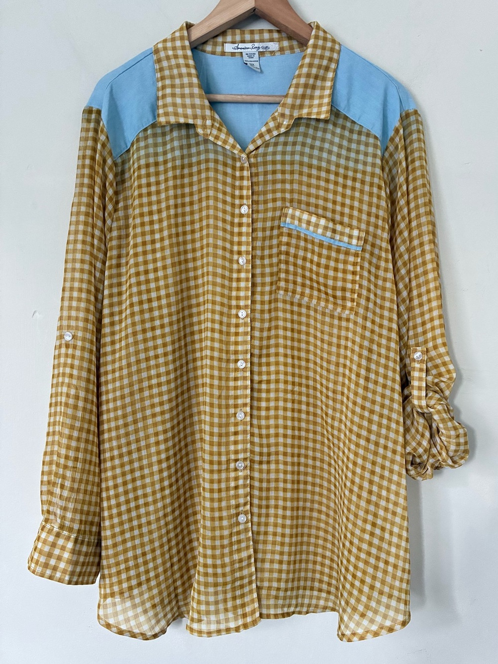 American Rag Cie Gingham Button Down Shirt Mustard Yellow Blue Yoke Plus 3X